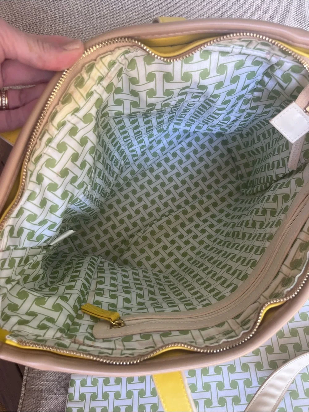 Isaac Mizrahi Cream & Yellow Leather Tote with Removable Computer Sleeve